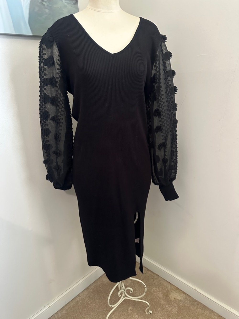 No Boundaries Black sweater Midi Dress with Sheer Puff Floral Sleeves